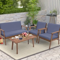 Tangkula 4 Piece Outdoor Conversation Set, Acacia Wood Sofa Set with Soft Seat & Back Cushions
