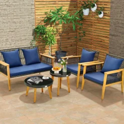 Tangkula 5 Piece Outdoor Conversation Set, Patiojoy Rattan Chair Set with 2 Coffee Tables, Stable Acacia Wood Frame