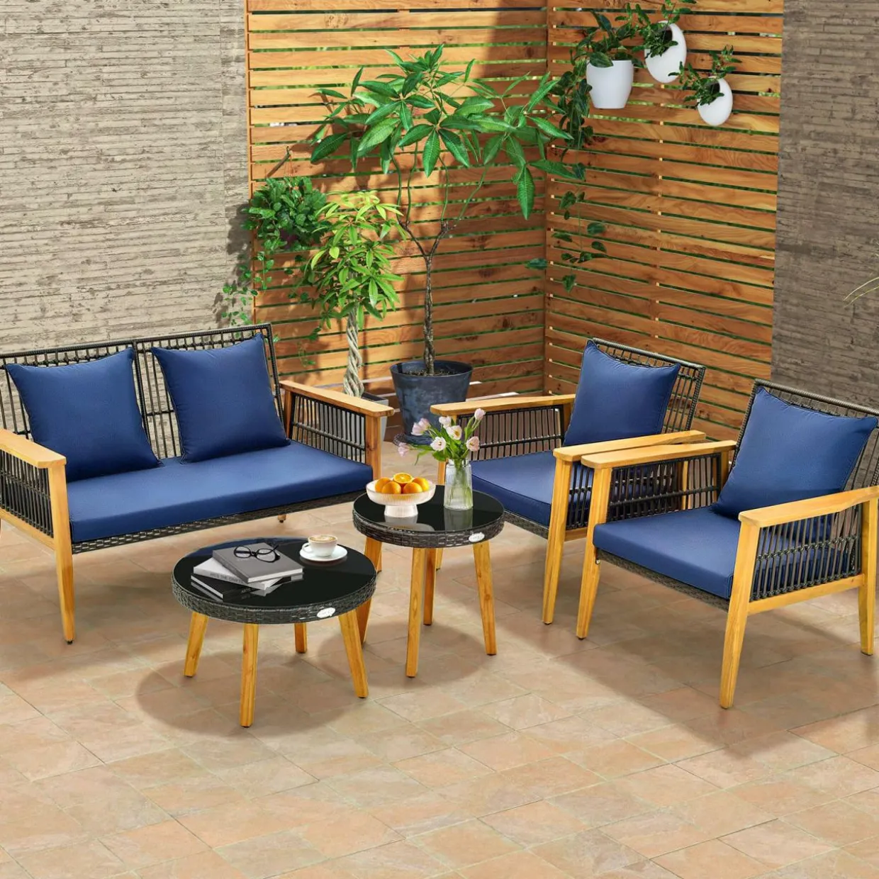 Tangkula 5 Piece Outdoor Conversation Set, Patiojoy Rattan Chair Set with 2 Coffee Tables, Stable Acacia Wood Frame