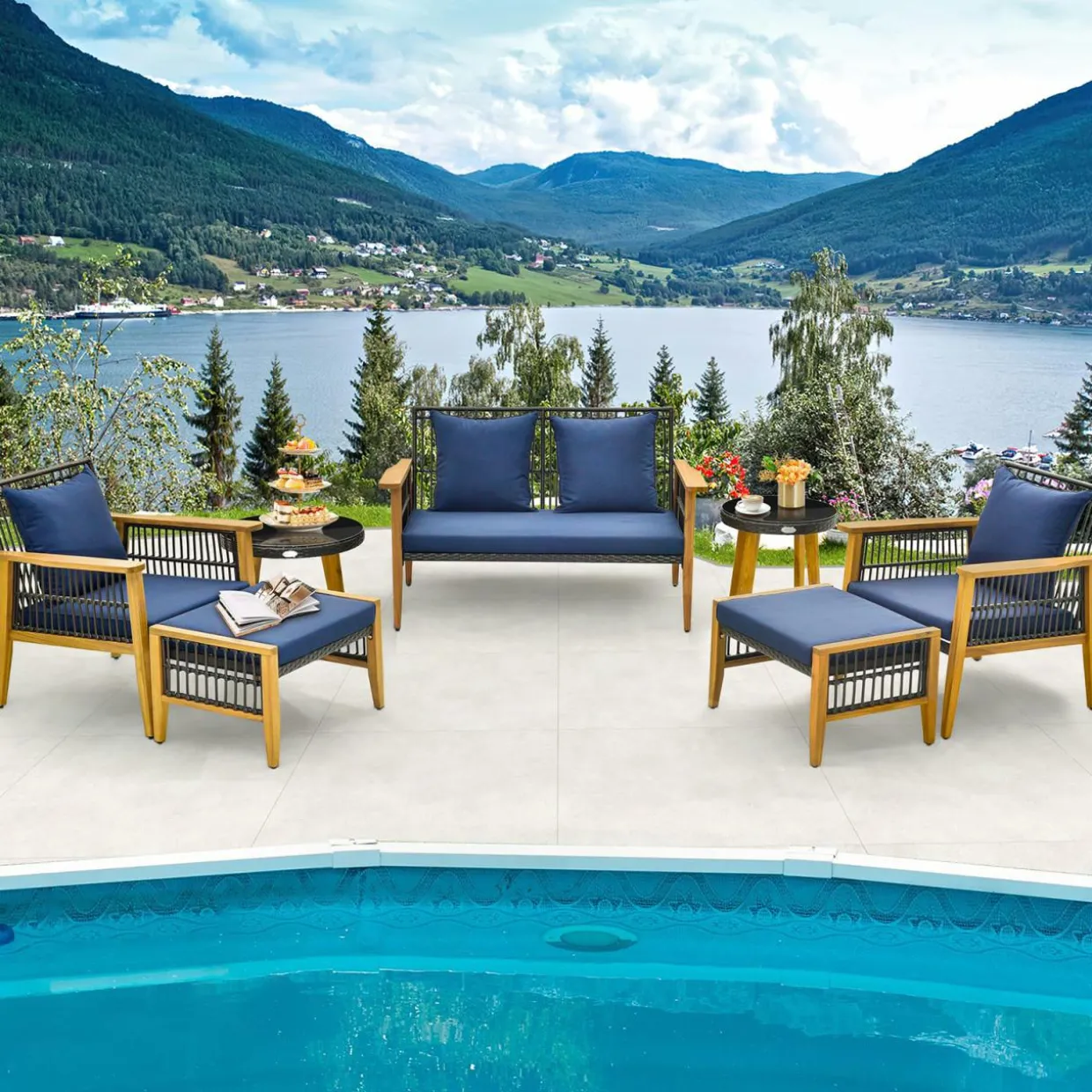 Tangkula 7 Piece Outdoor Conversation Set, Patiojoy Rattan Chair Set with 2 Coffee Tables & 2 Ottomans