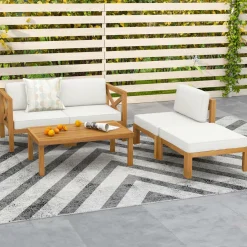 Tangkula 5 Piece Outdoor Conversation Furniture Set, Acacia Wood Sectional Sofa Set with 3 Chairs