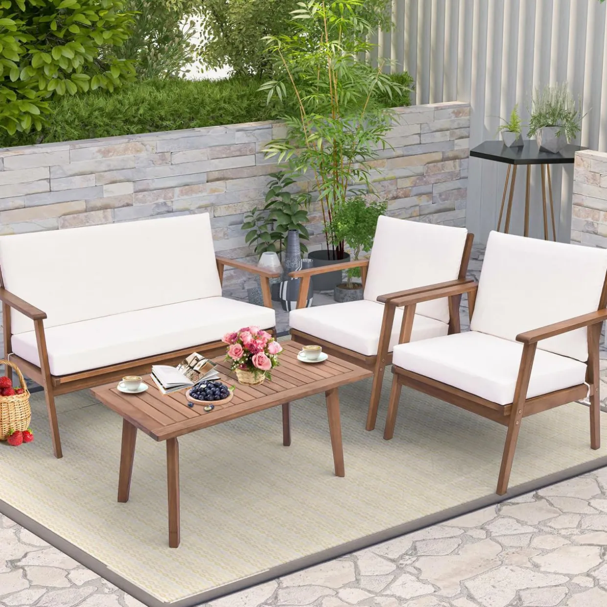 Tangkula 4 Piece Outdoor Conversation Set, Acacia Wood Sofa Set with Soft Seat & Back Cushions