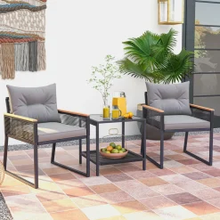 Tangkula 3 Piece Outdoor Conversation Set, Rattan Armchairs with 2-Layer Side Table