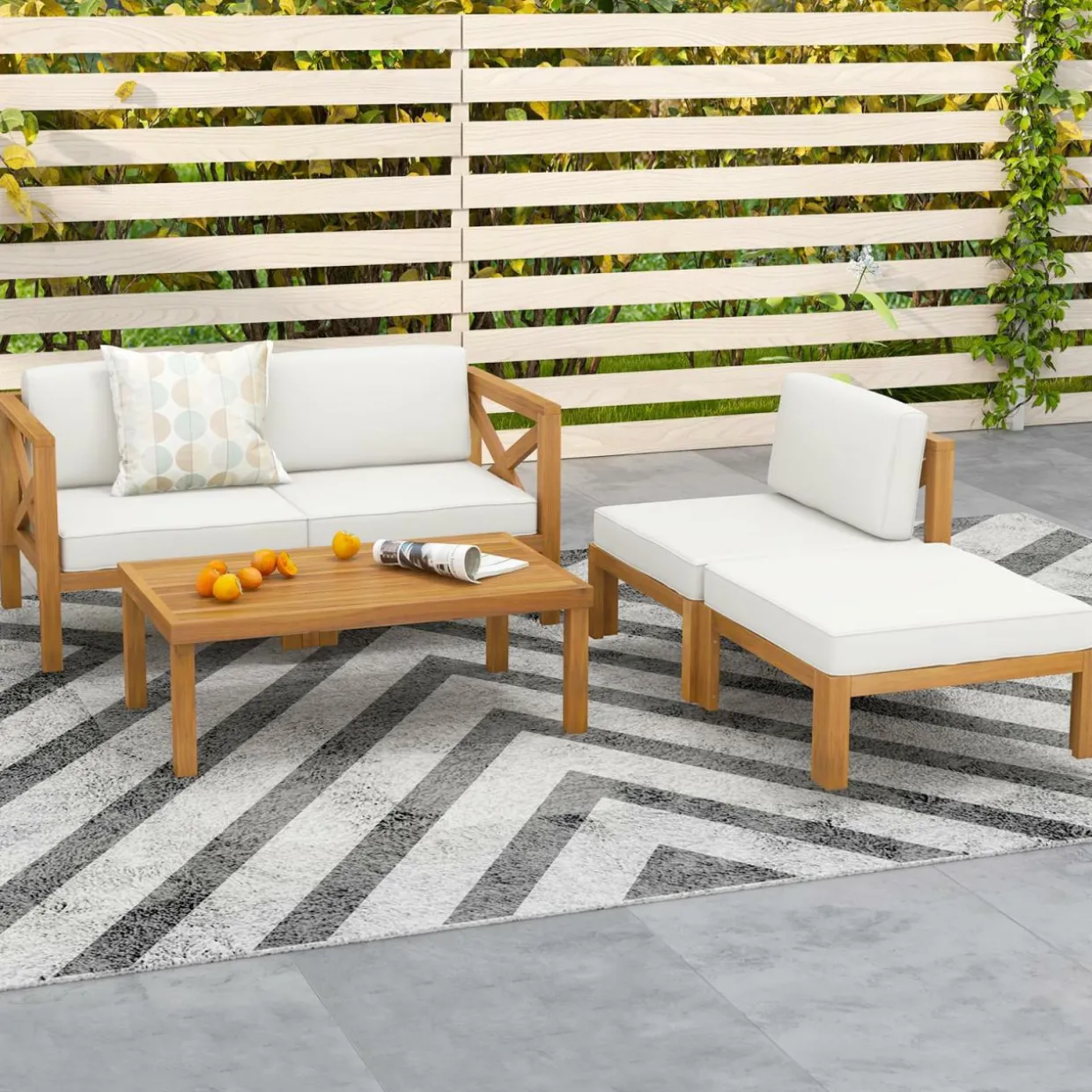 Tangkula 5 Piece Outdoor Conversation Furniture Set, Acacia Wood Sectional Sofa Set with 3 Chairs