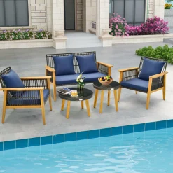 Tangkula 5 Piece Outdoor Conversation Set, Patiojoy Rattan Chair Set with 2 Coffee Tables, Stable Acacia Wood Frame