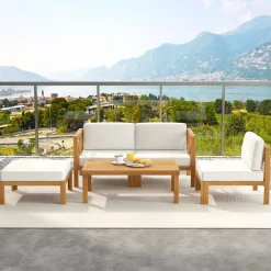 Tangkula 5 Piece Outdoor Conversation Furniture Set, Acacia Wood Sectional Sofa Set with 3 Chairs