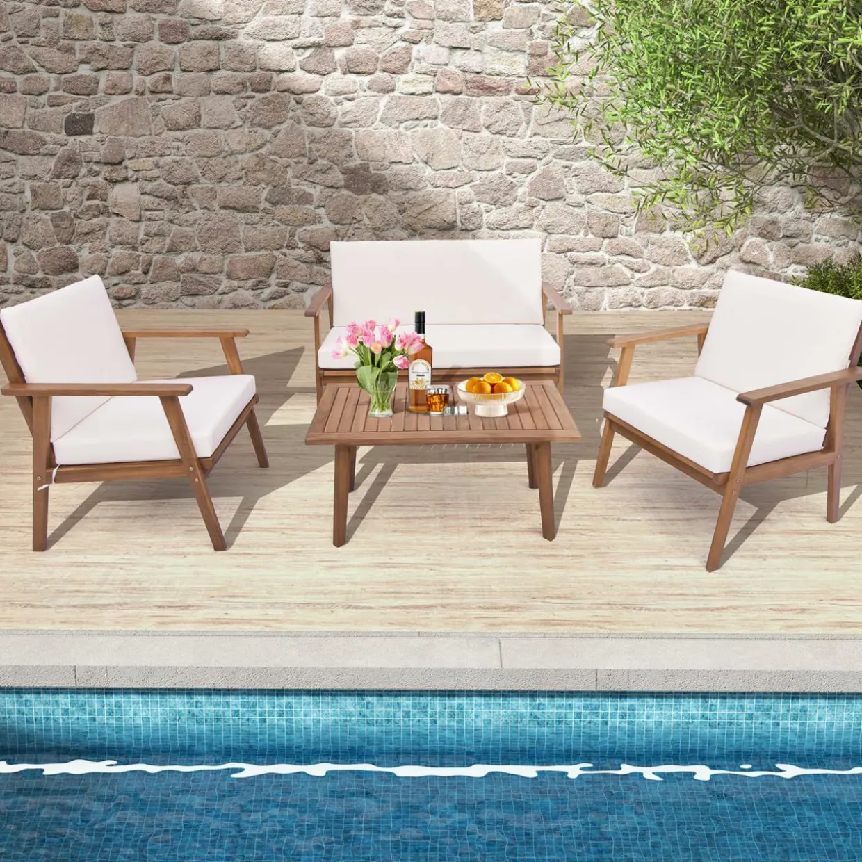 Tangkula 4 Piece Outdoor Conversation Set, Acacia Wood Sofa Set with Soft Seat & Back Cushions