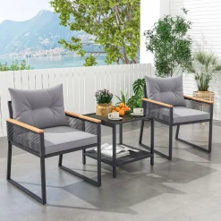 Tangkula 3 Piece Outdoor Conversation Set, Rattan Armchairs with 2-Layer Side Table