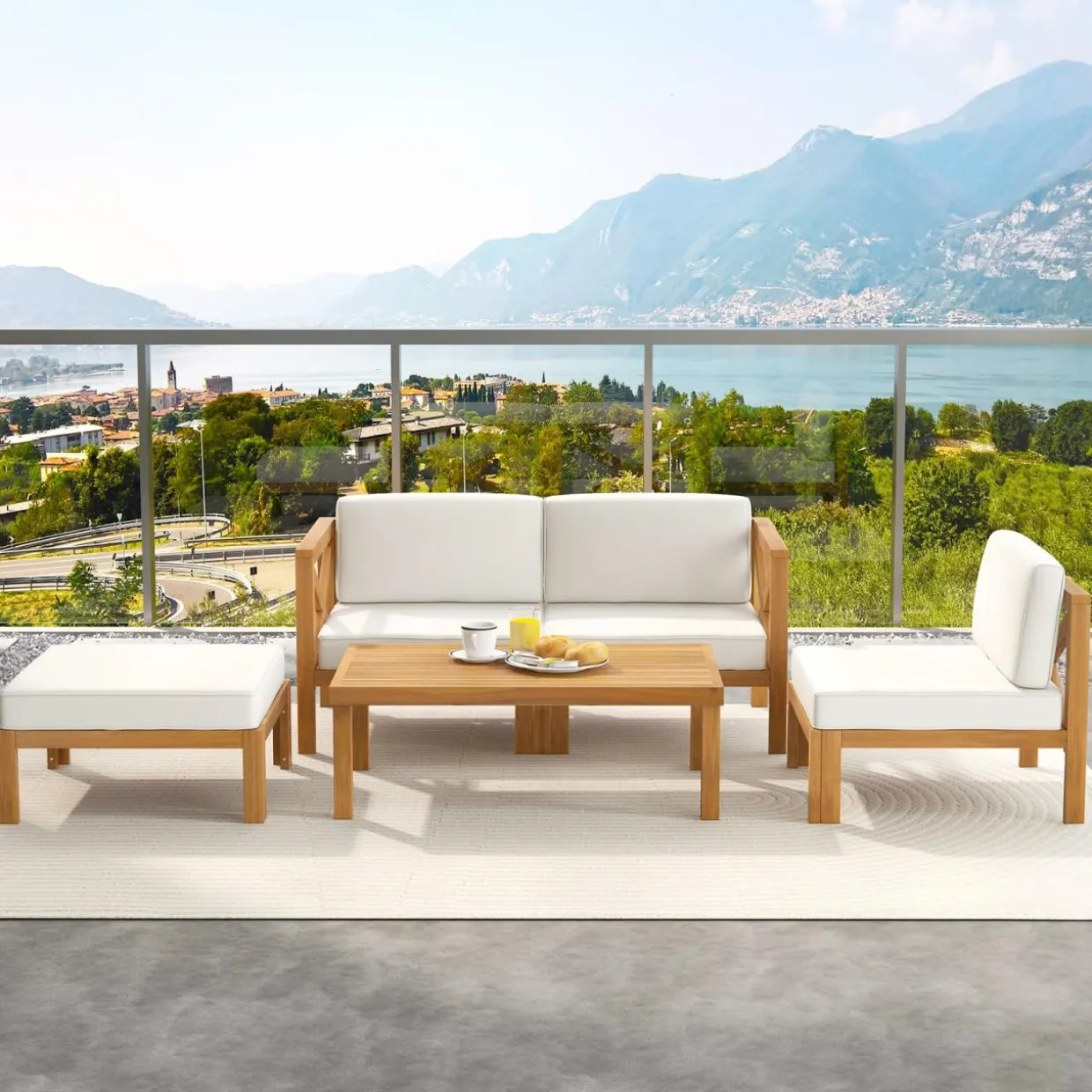 Tangkula 5 Piece Outdoor Conversation Furniture Set, Acacia Wood Sectional Sofa Set with 3 Chairs