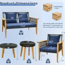 Tangkula 5 Piece Outdoor Conversation Set, Patiojoy Rattan Chair Set with 2 Coffee Tables, Stable Acacia Wood Frame