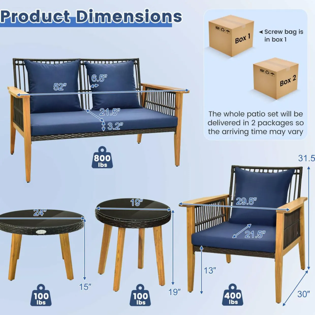 Tangkula 5 Piece Outdoor Conversation Set, Patiojoy Rattan Chair Set with 2 Coffee Tables, Stable Acacia Wood Frame