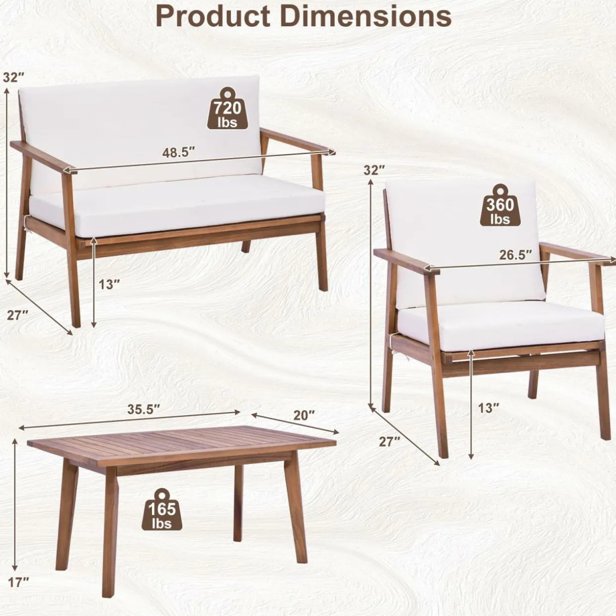 Tangkula 4 Piece Outdoor Conversation Set, Acacia Wood Sofa Set with Soft Seat & Back Cushions