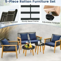 Tangkula 5 Piece Outdoor Conversation Set, Patiojoy Rattan Chair Set with 2 Coffee Tables, Stable Acacia Wood Frame