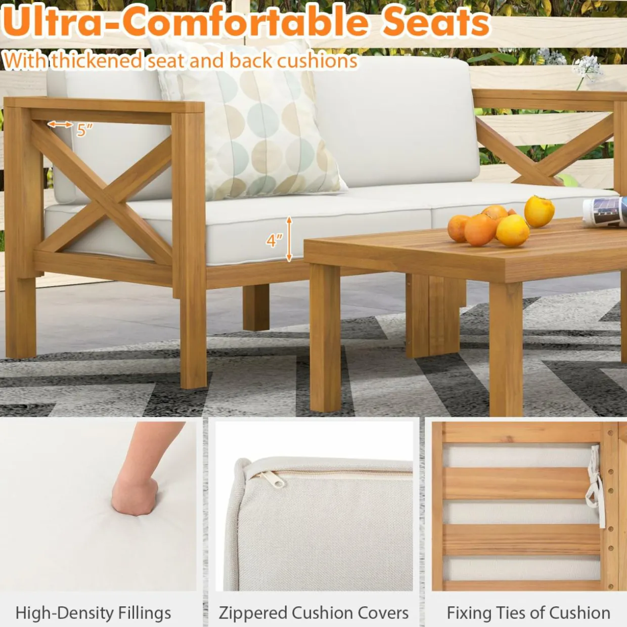 Tangkula 5 Piece Outdoor Conversation Furniture Set, Acacia Wood Sectional Sofa Set with 3 Chairs