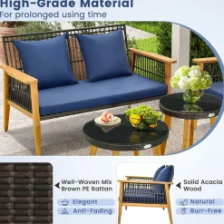 Tangkula 5 Piece Outdoor Conversation Set, Patiojoy Rattan Chair Set with 2 Coffee Tables, Stable Acacia Wood Frame