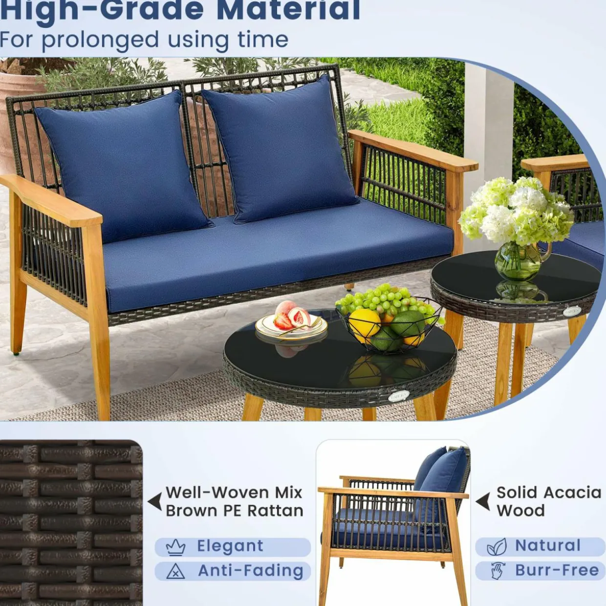Tangkula 5 Piece Outdoor Conversation Set, Patiojoy Rattan Chair Set with 2 Coffee Tables, Stable Acacia Wood Frame