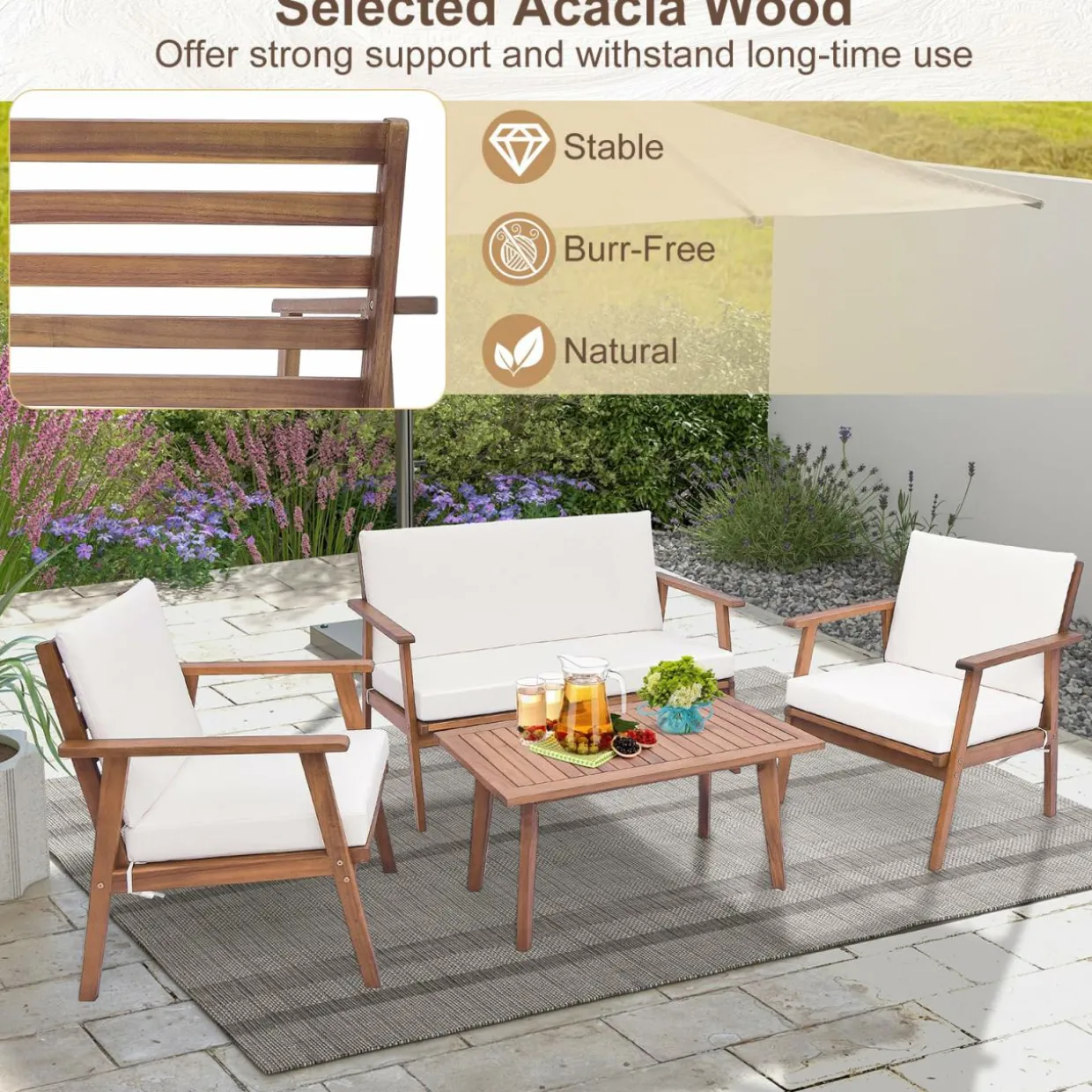 Tangkula 4 Piece Outdoor Conversation Set, Acacia Wood Sofa Set with Soft Seat & Back Cushions