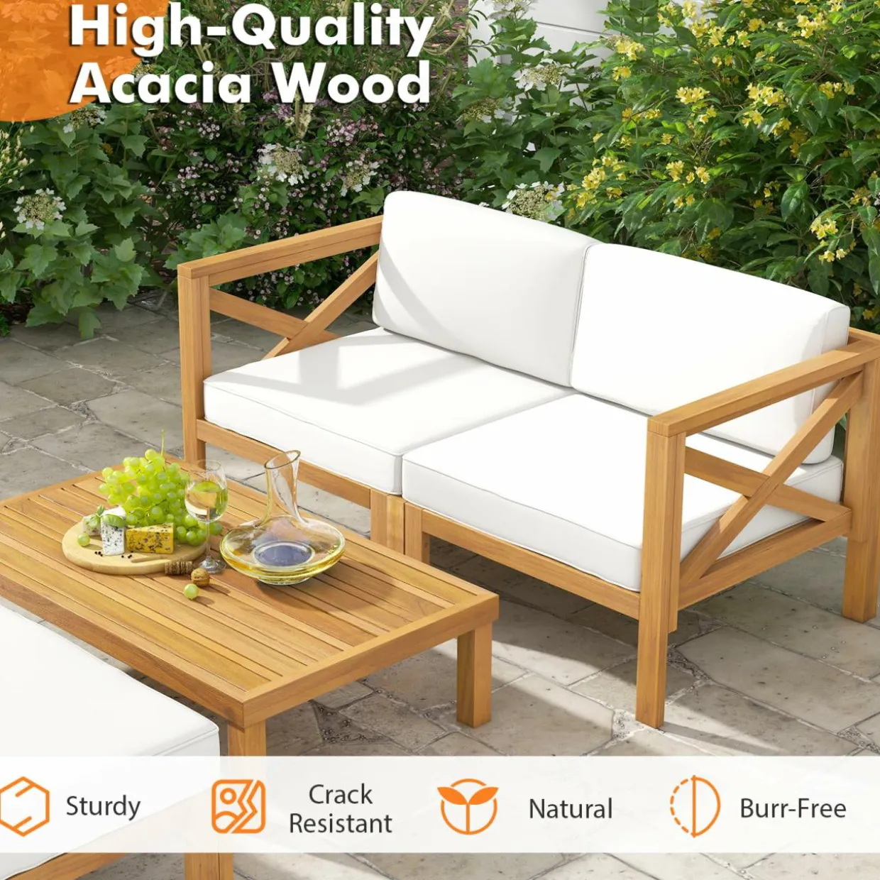 Tangkula 5 Piece Outdoor Conversation Furniture Set, Acacia Wood Sectional Sofa Set with 3 Chairs