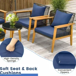Tangkula 5 Piece Outdoor Conversation Set, Patiojoy Rattan Chair Set with 2 Coffee Tables, Stable Acacia Wood Frame