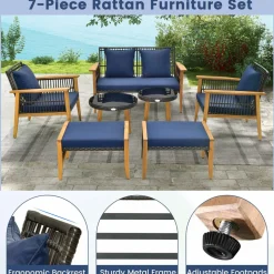 Tangkula 7 Piece Outdoor Conversation Set, Patiojoy Rattan Chair Set with 2 Coffee Tables & 2 Ottomans