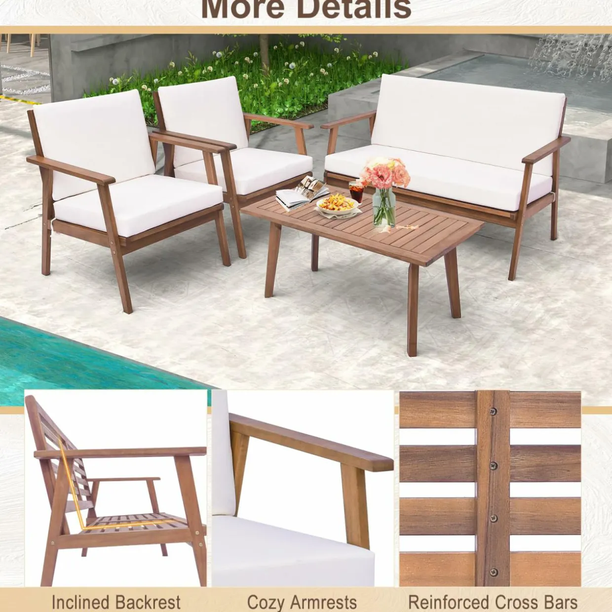 Tangkula 4 Piece Outdoor Conversation Set, Acacia Wood Sofa Set with Soft Seat & Back Cushions