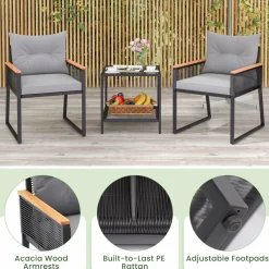 Tangkula 3 Piece Outdoor Conversation Set, Rattan Armchairs with 2-Layer Side Table