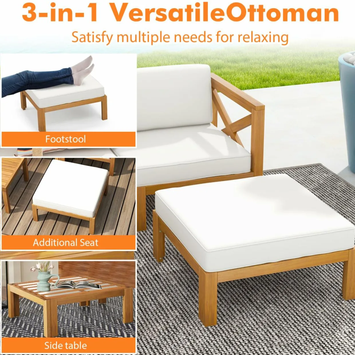 Tangkula 5 Piece Outdoor Conversation Furniture Set, Acacia Wood Sectional Sofa Set with 3 Chairs