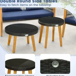 Tangkula 5 Piece Outdoor Conversation Set, Patiojoy Rattan Chair Set with 2 Coffee Tables, Stable Acacia Wood Frame