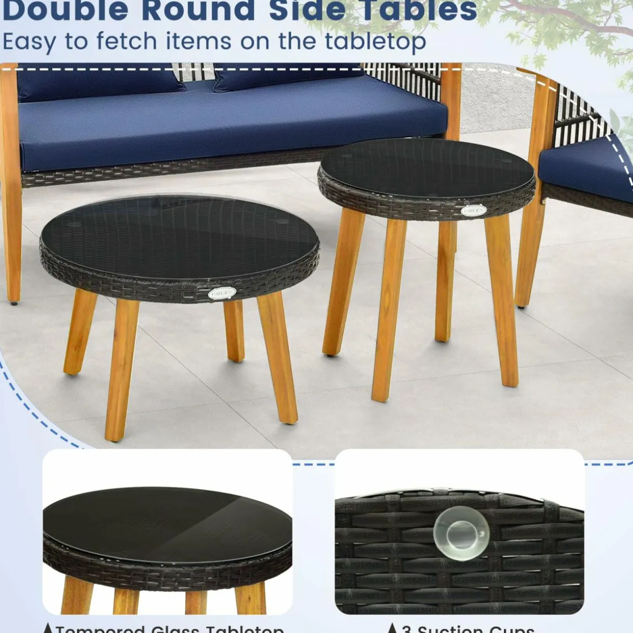 Tangkula 5 Piece Outdoor Conversation Set, Patiojoy Rattan Chair Set with 2 Coffee Tables, Stable Acacia Wood Frame