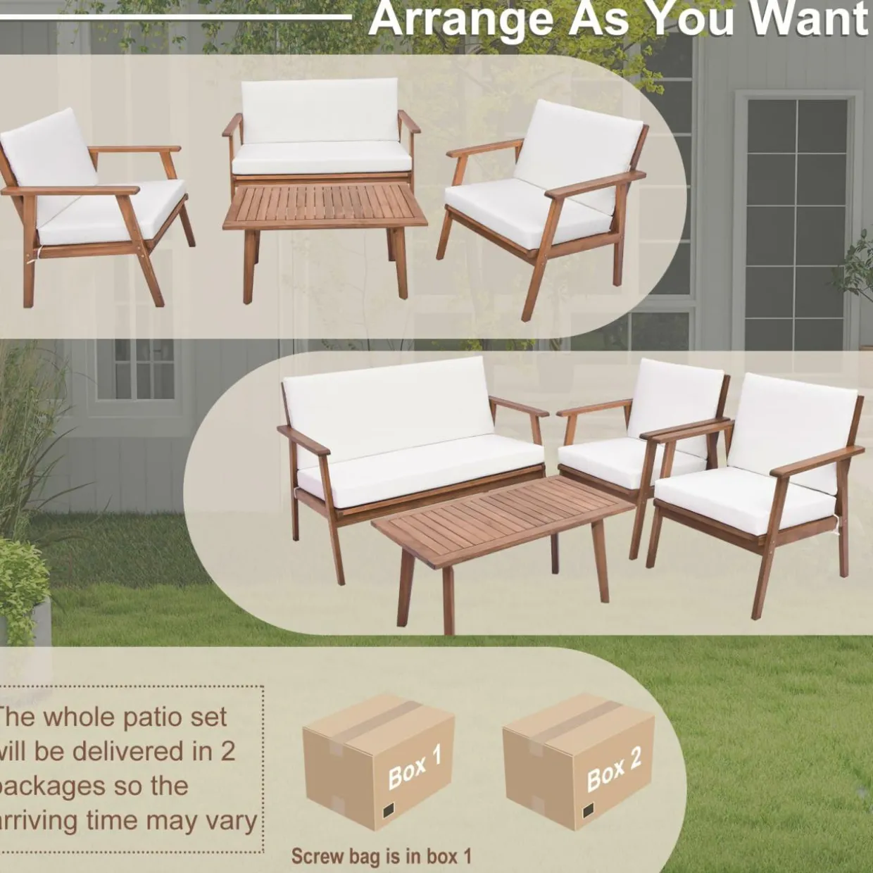 Tangkula 4 Piece Outdoor Conversation Set, Acacia Wood Sofa Set with Soft Seat & Back Cushions