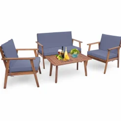 Tangkula 4 Piece Outdoor Conversation Set, Acacia Wood Sofa Set with Soft Seat & Back Cushions