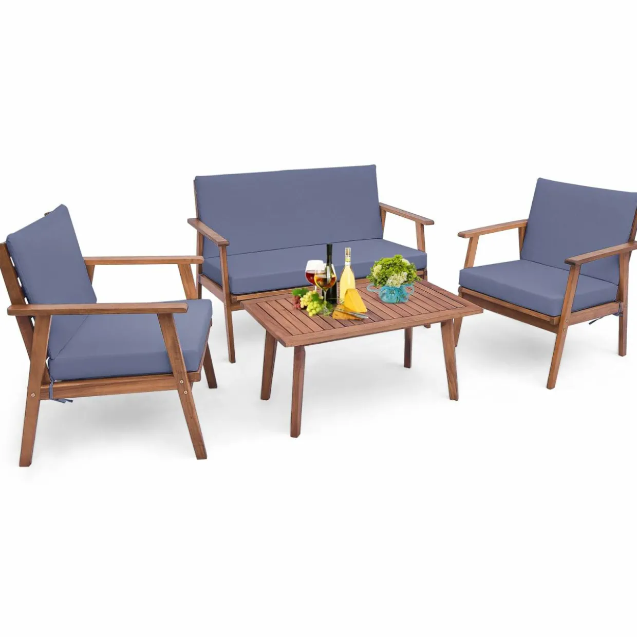 Tangkula 4 Piece Outdoor Conversation Set, Acacia Wood Sofa Set with Soft Seat & Back Cushions