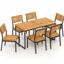 Tangkula 7 Piece Outdoor Dining Set for 6, Acacia Wood Rectangular Dining Table & 6 Armless Chairs w/Metal Frame