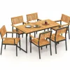 Tangkula 7 Piece Outdoor Dining Set for 6, Acacia Wood Rectangular Dining Table & 6 Armchairs w/Metal Frame