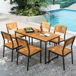 Tangkula 7 Piece Outdoor Dining Set for 6, Acacia Wood Rectangular Dining Table & 6 Armless Chairs w/Metal Frame