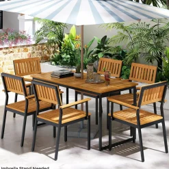 Tangkula 7 Piece Outdoor Dining Set for 6, Acacia Wood Rectangular Dining Table & 6 Armchairs w/Metal Frame