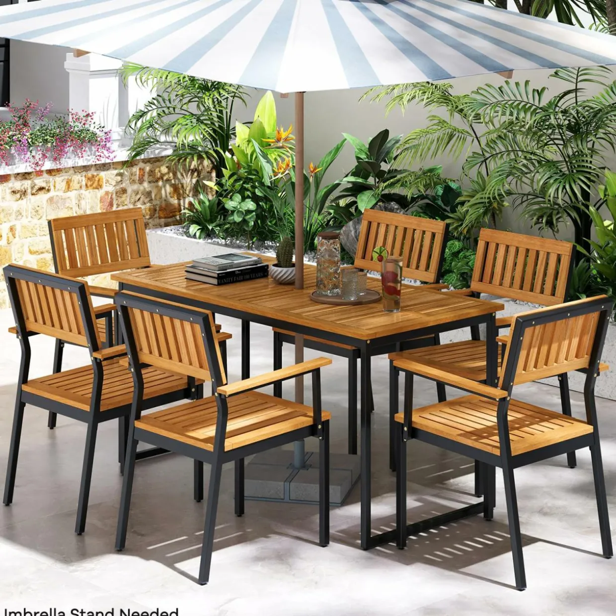 Tangkula 7 Piece Outdoor Dining Set for 6, Acacia Wood Rectangular Dining Table & 6 Armchairs w/Metal Frame