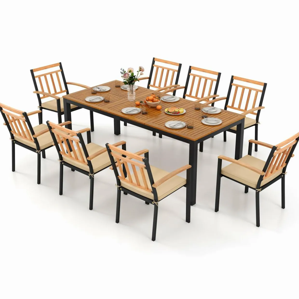 Tangkula 9 Piece Outdoor Dining Table & Chairs Set, Rectangular Table w/Acacia Wood Top & Umbrella Hole