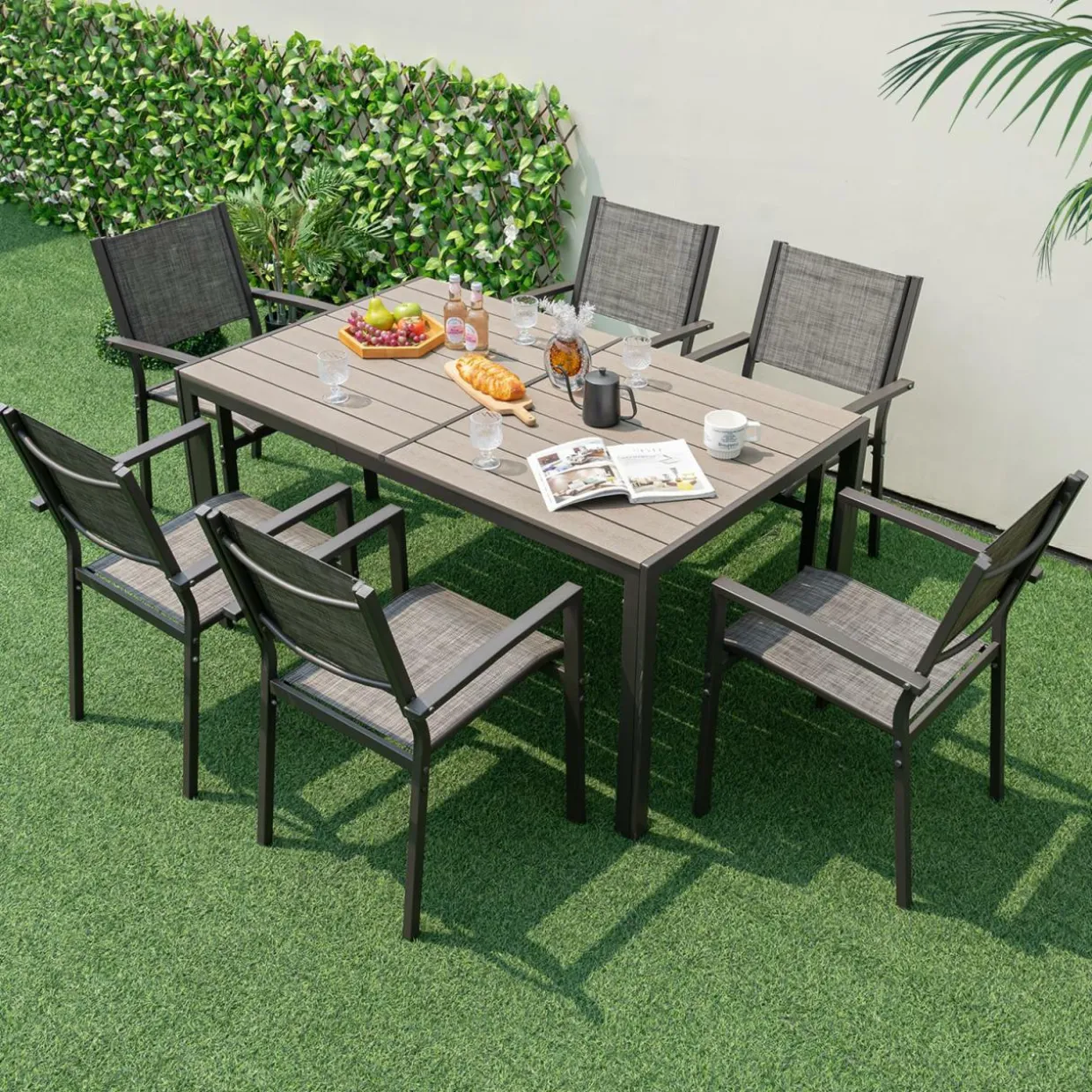 Tangkula 7 Piece Outdoor Dining Set, Patio Furniture Set w/ 6 Stackable Chairs & Large Rectangle Table, Dining Table Set for 6