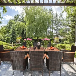 Tangkula 9 Piece Outdoor Dining Set, Garden Patio Wicker Set w/Cushions, Furniture with Acacia Wood Table