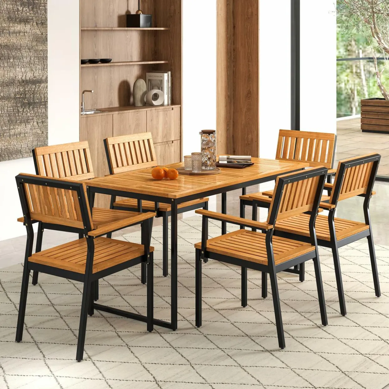 Tangkula 7 Piece Outdoor Dining Set for 6, Acacia Wood Rectangular Dining Table & 6 Armchairs w/Metal Frame