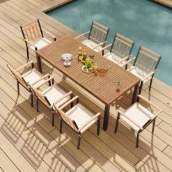 Tangkula 9 Piece Outdoor Dining Table & Chairs Set, Rectangular Table w/Acacia Wood Top & Umbrella Hole