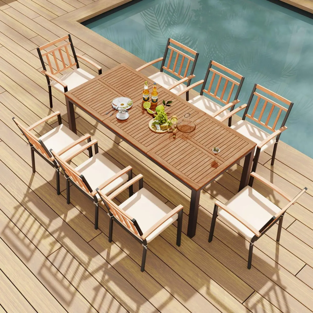 Tangkula 9 Piece Outdoor Dining Table & Chairs Set, Rectangular Table w/Acacia Wood Top & Umbrella Hole