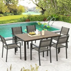 Tangkula 7 Piece Outdoor Dining Set, Patio Furniture Set w/ 6 Stackable Chairs & Large Rectangle Table, Dining Table Set for 6