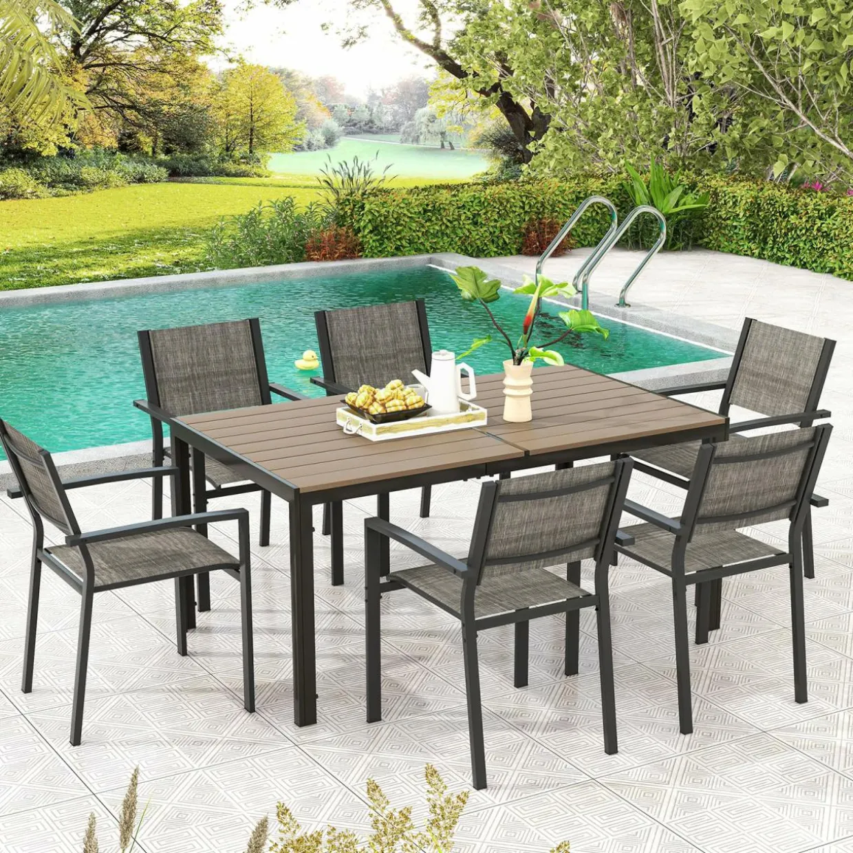 Tangkula 7 Piece Outdoor Dining Set, Patio Furniture Set w/ 6 Stackable Chairs & Large Rectangle Table, Dining Table Set for 6