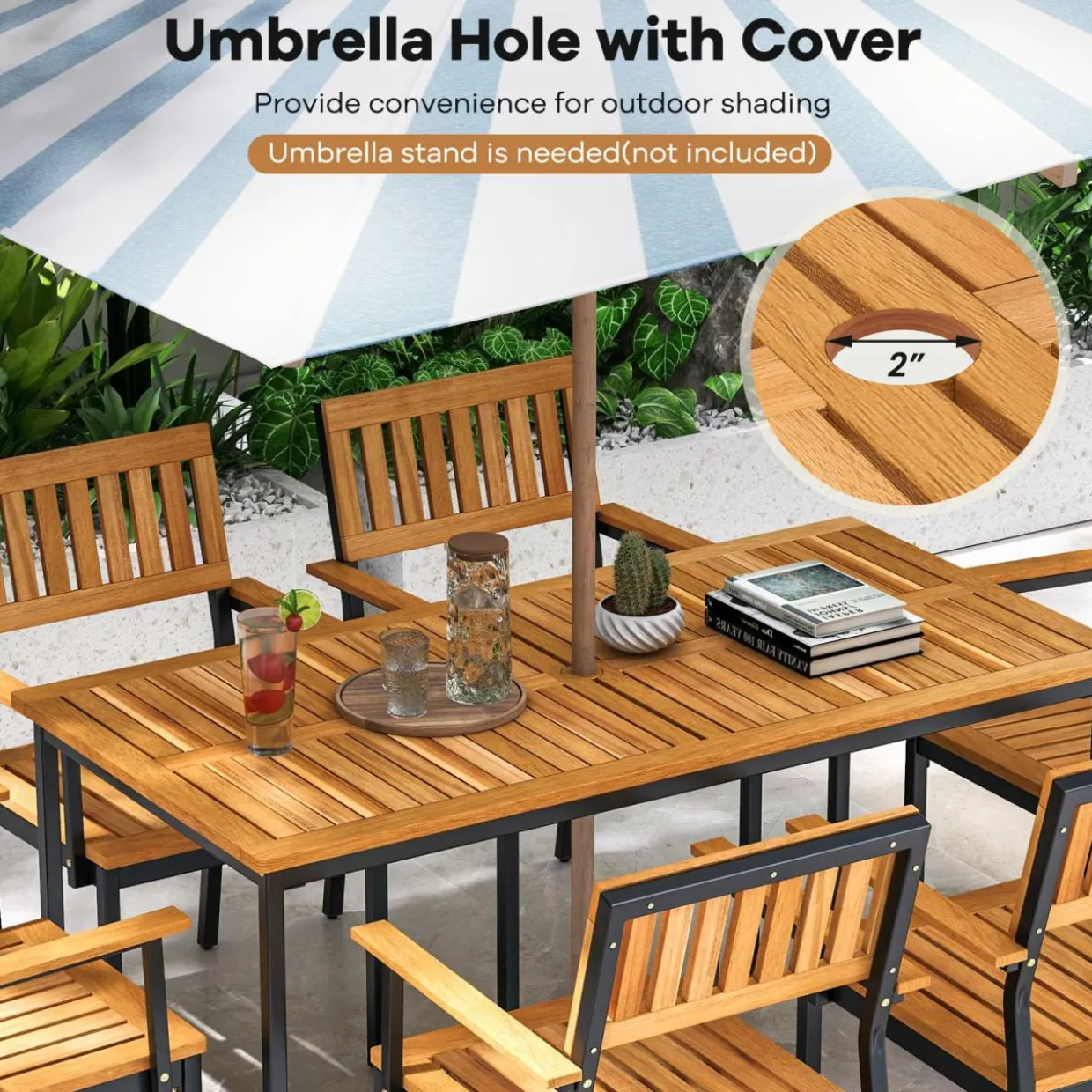 Tangkula 7 Piece Outdoor Dining Set for 6, Acacia Wood Rectangular Dining Table & 6 Armchairs w/Metal Frame