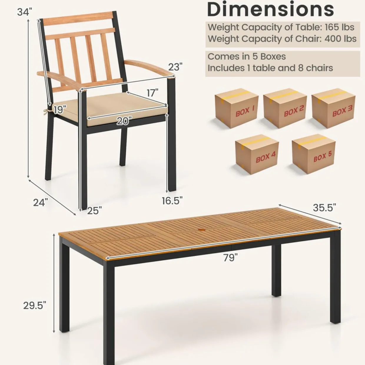 Tangkula 9 Piece Outdoor Dining Table & Chairs Set, Rectangular Table w/Acacia Wood Top & Umbrella Hole
