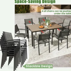 Tangkula 7 Piece Outdoor Dining Set, Patio Furniture Set w/ 6 Stackable Chairs & Large Rectangle Table, Dining Table Set for 6
