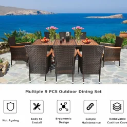 Tangkula 9 Piece Outdoor Dining Set, Garden Patio Wicker Set w/Cushions, Furniture with Acacia Wood Table