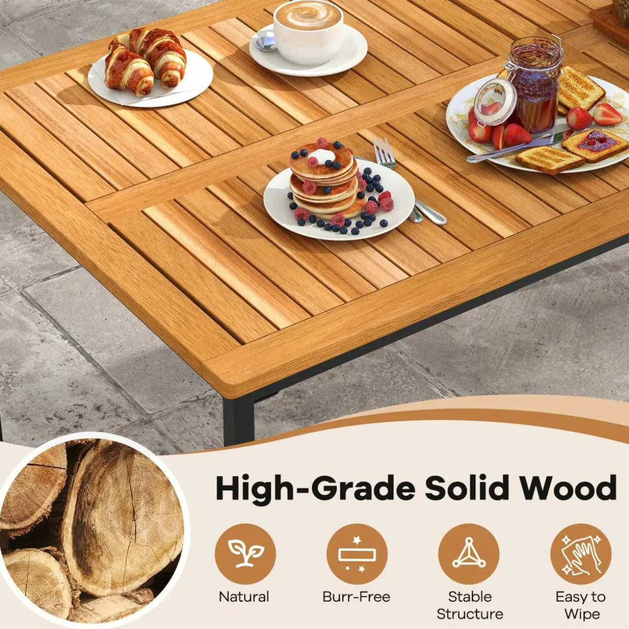 Tangkula 7 Piece Outdoor Dining Set for 6, Acacia Wood Rectangular Dining Table & 6 Armchairs w/Metal Frame